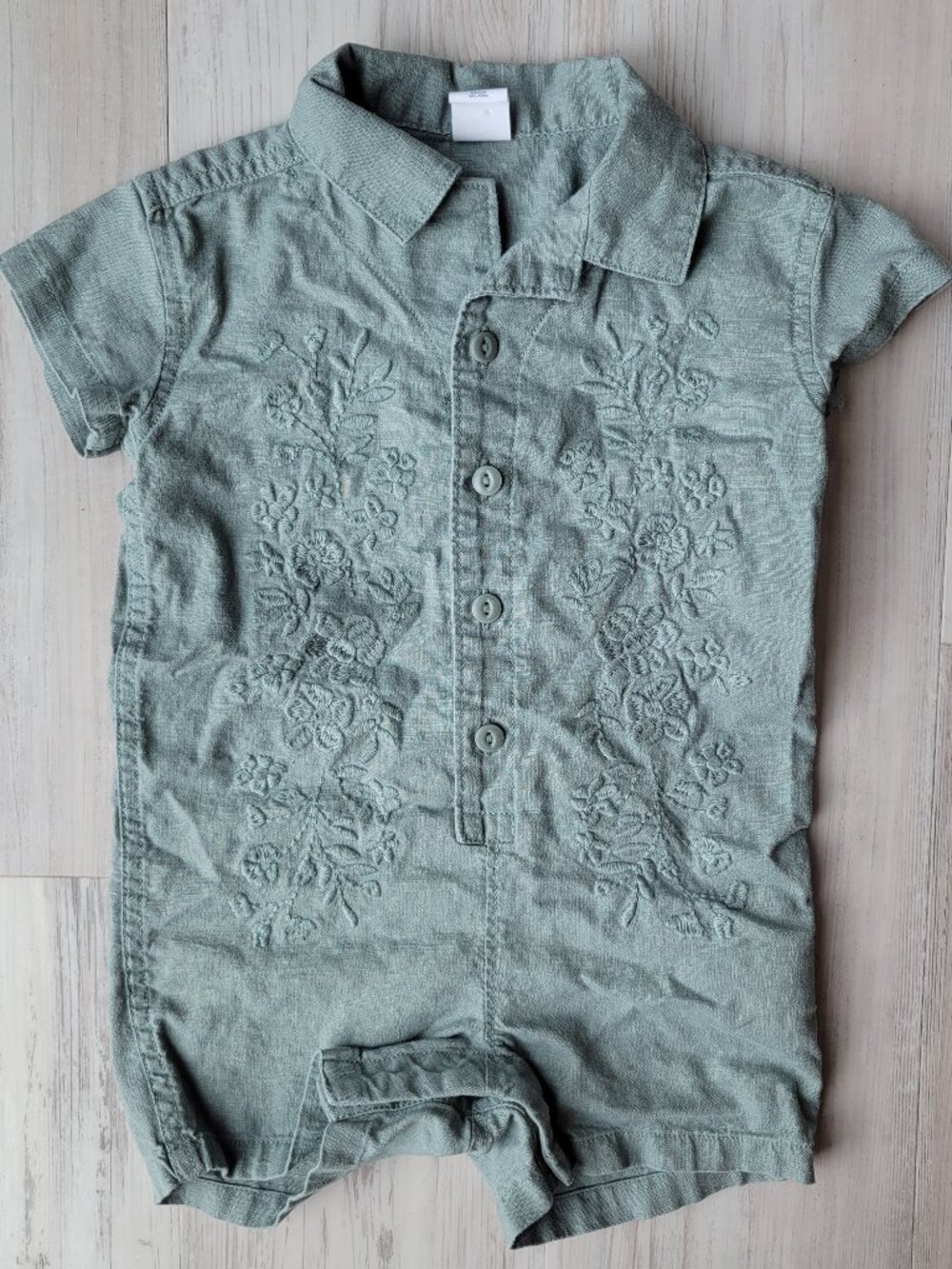Baby Gap Green Linen-Cotton Cabana Romper embroidered floral detail 6-12 months